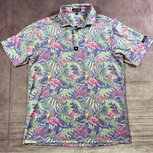 Bad Birdie Mens Flamingo Print Golf Polo Shirt Sz Small Stretch Floral Geometric
